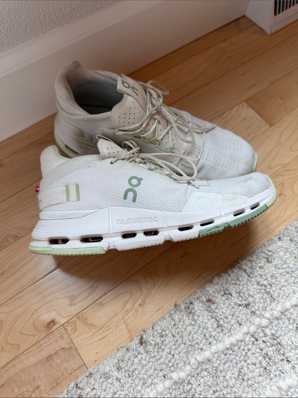 On Running Womens Athletic Shoes - CloudNova White with Light Green Accents
